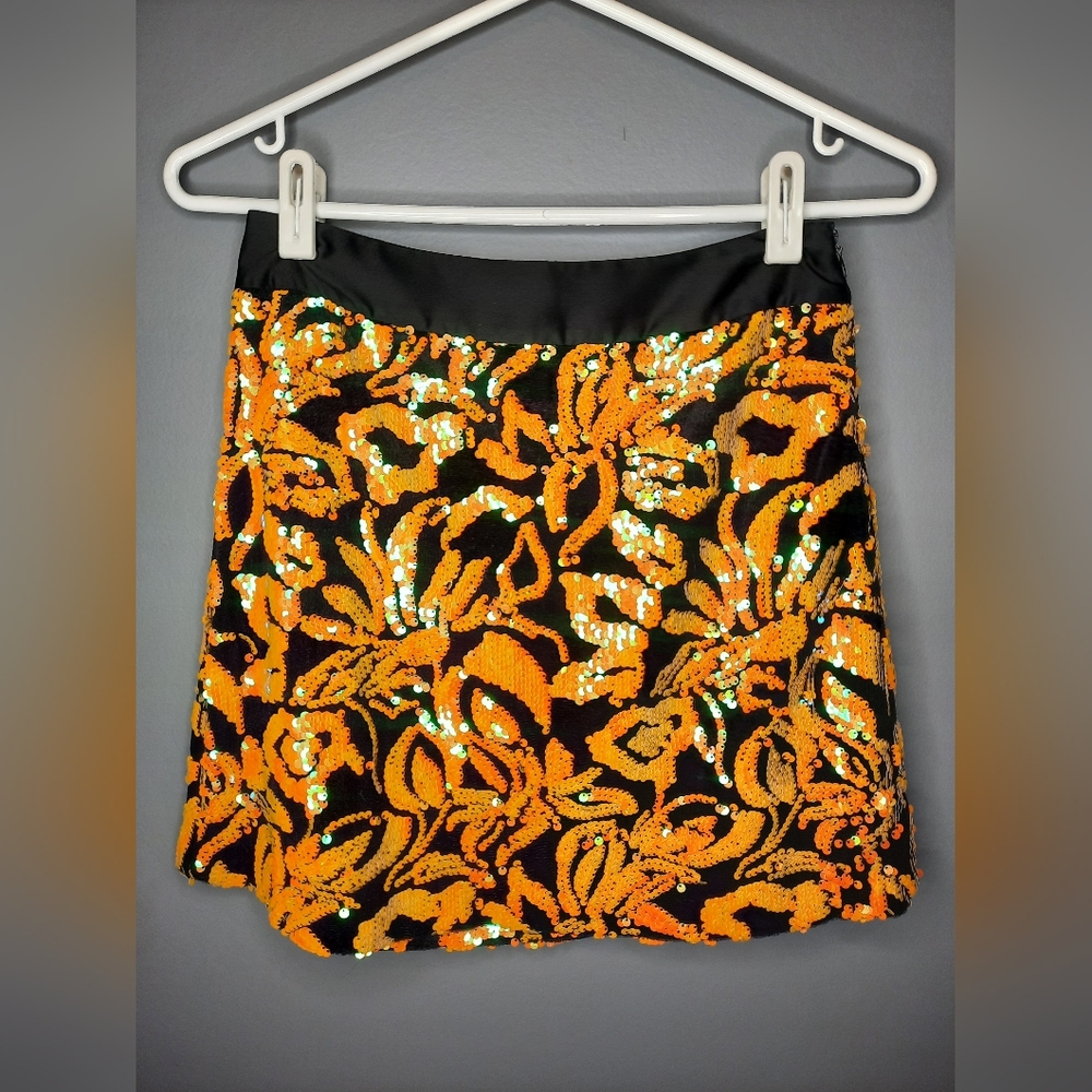 Endless Rose Black and Orange Sequin Mini Skirt Size XS